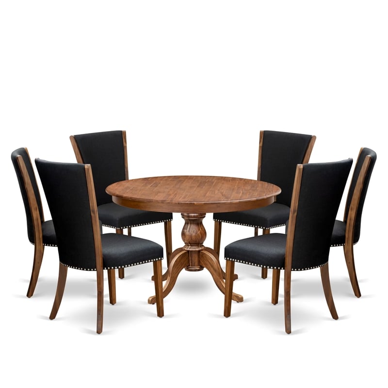 East West Furniture Ferris 7 Piece Round Dining Table Set in Walnut Finish