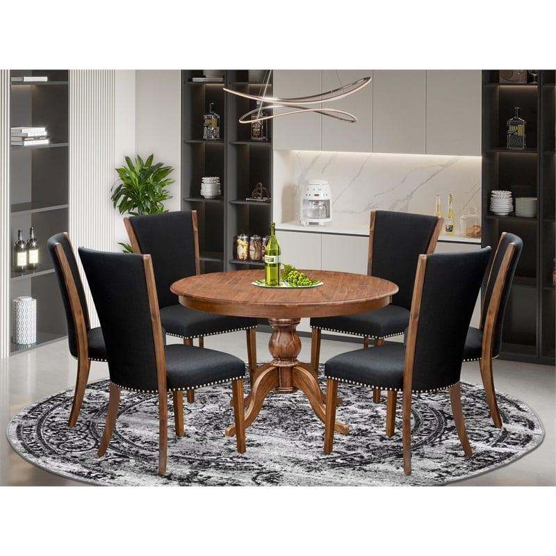 East West Furniture Ferris 7 Piece Round Dining Table Set in Walnut Finish