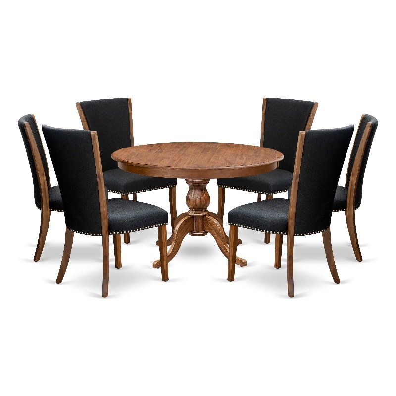 East West Furniture Ferris 7 Piece Round Dining Table Set in Walnut Finish