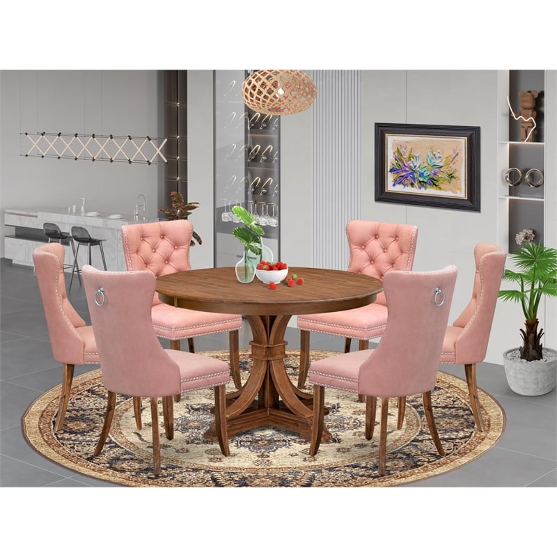 East West Furniture Ferris 7-Piece Dining Table Set in Walnut Finish