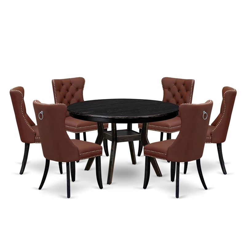 East West Furniture Ferris 7 Piece Round Kitchen Set in Black Finish