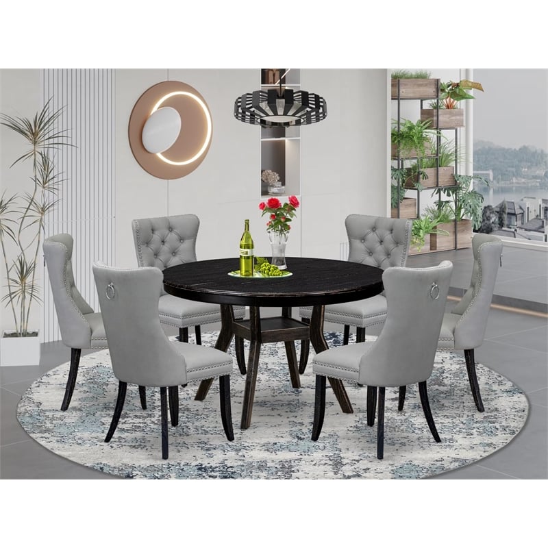 East West Furniture Ferris 7 Piece Round Dining Table Set in Black Finish