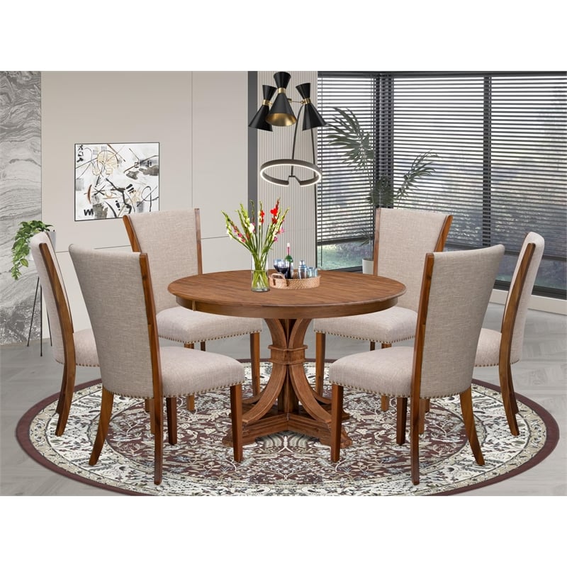 East West Furniture Ferris 7 Piece Round Kitchen Set in Walnut Finish