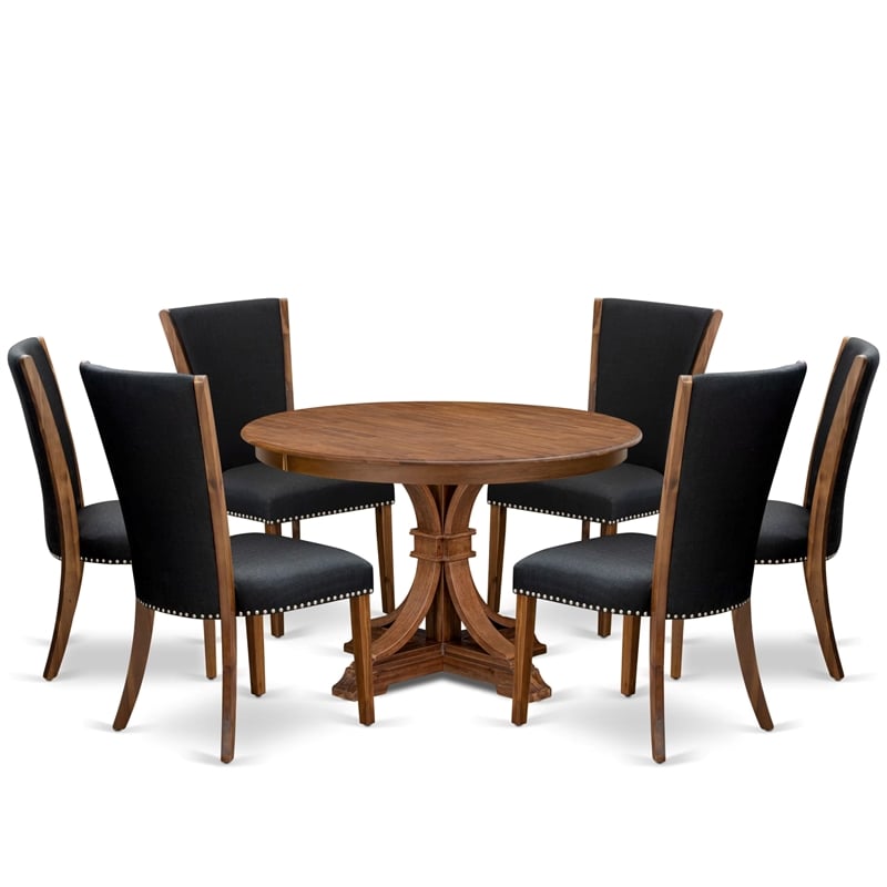 East West Furniture Ferris 7 Piece Round Kitchen Set in Walnut Finish