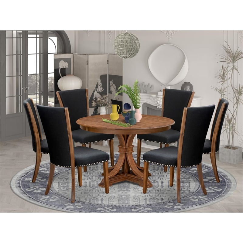 East West Furniture Ferris 7 Piece Round Kitchen Set in Walnut Finish