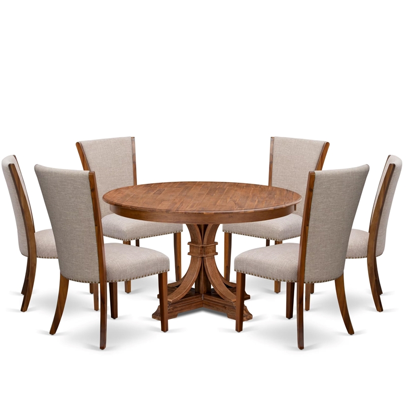 East West Furniture Ferris 7 Piece Round Dining Table Set in Walnut Finish