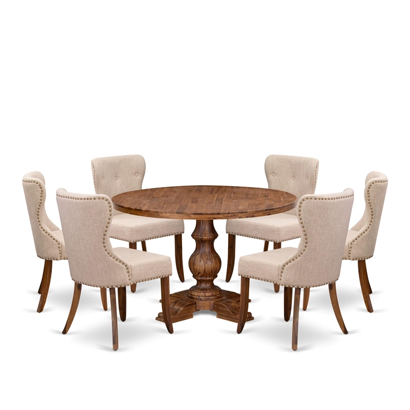 East West Furniture Irving 7 Piece Round Kitchen Set in Walnut Finish