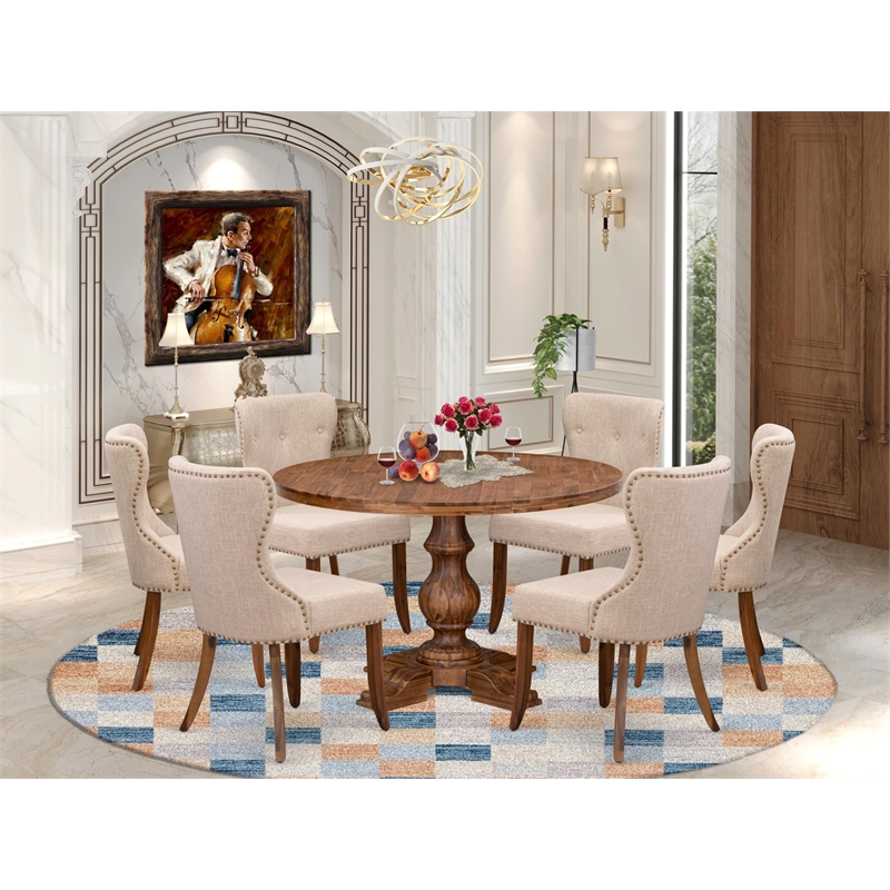 East West Furniture Irving 7 Piece Round Kitchen Set in Walnut Finish