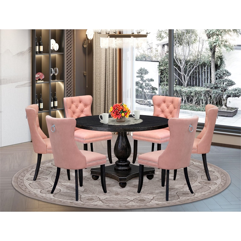 East West Furniture Irving 7 Piece Round Kitchen Set in Black Finish