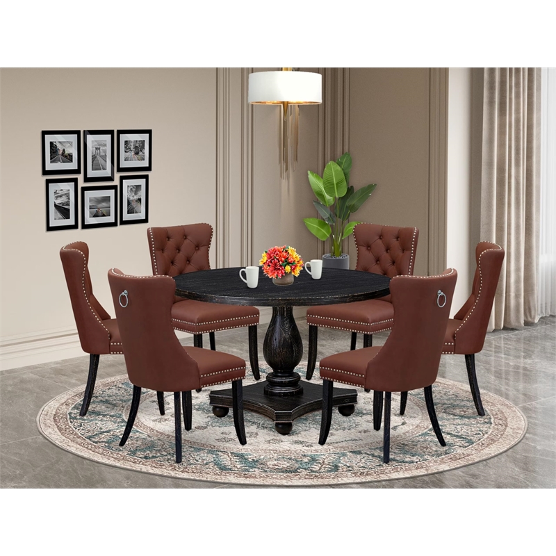 East West Furniture Irving 7 Piece Round Dining Table Set in Black Finish