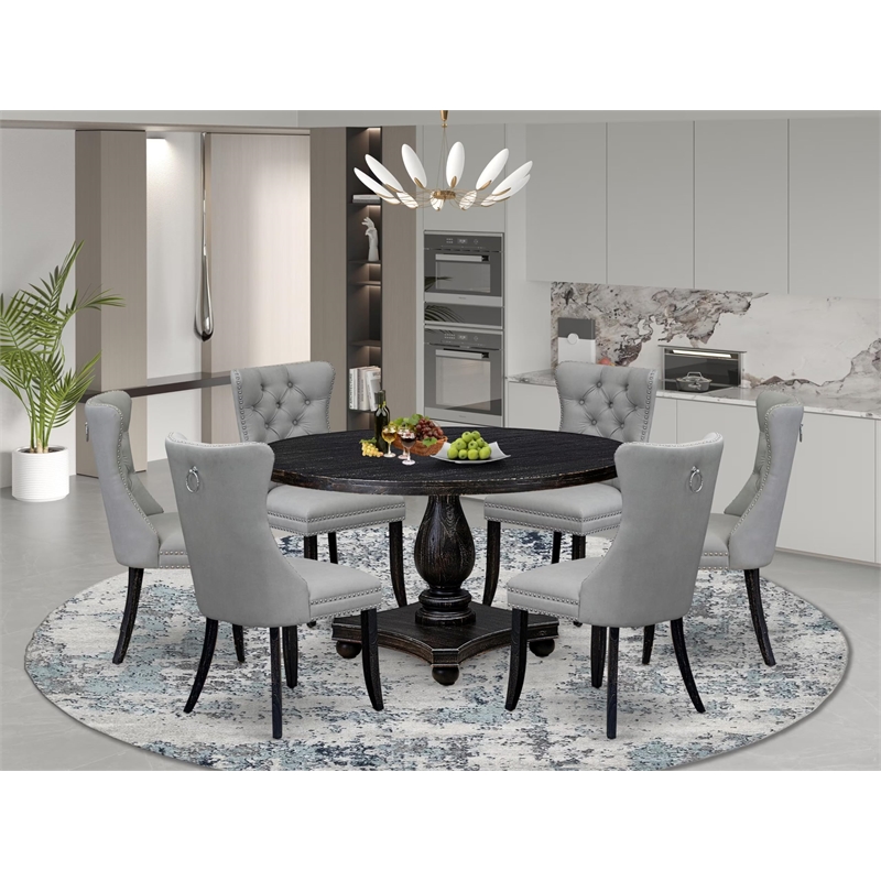 East West Furniture Irving 7 Piece Round Kitchen Set in Black Finish
