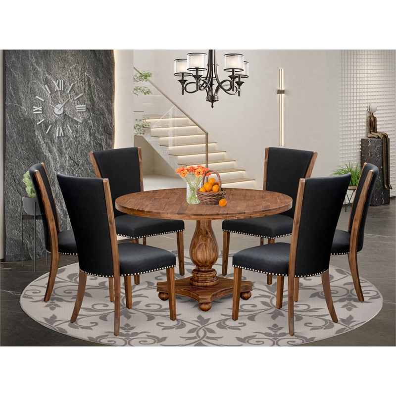 East West Furniture Irving 7 Piece Round Dining Table Set in Walnut Finish