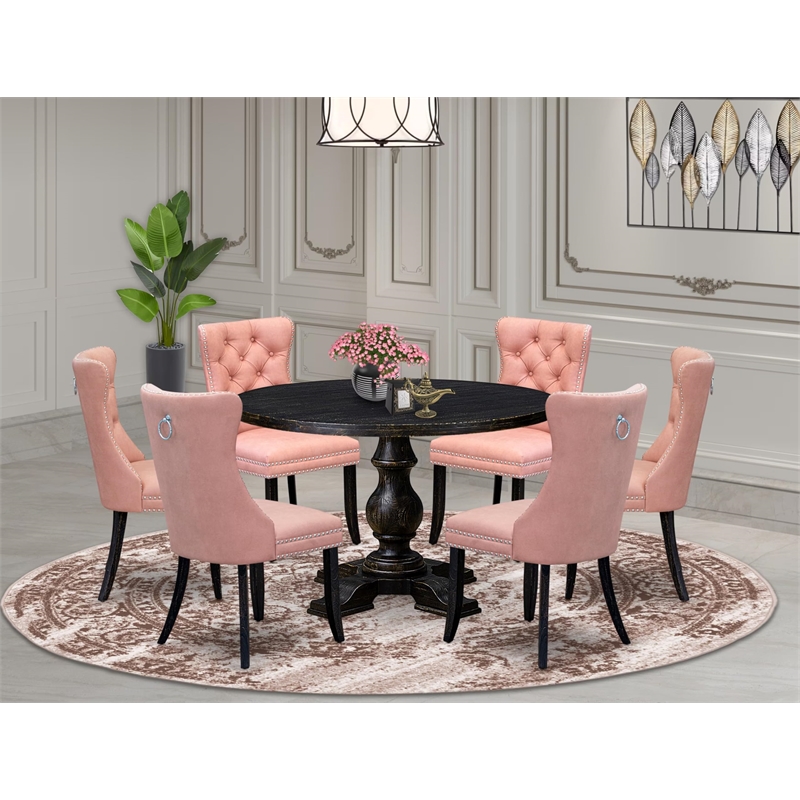 East West Furniture Irving 7 Piece Round Dining Table Set in Black Finish