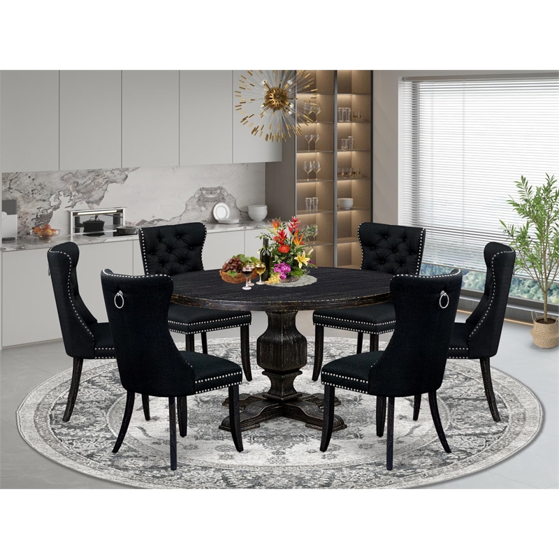 East West Furniture Irving 7 Piece Round Dining Room Set in Black Finish
