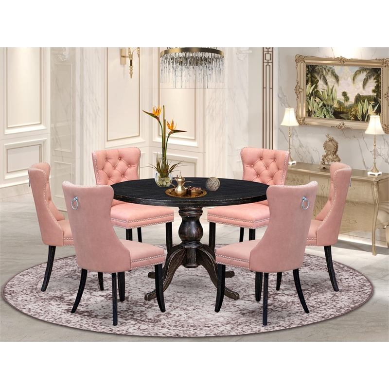 East West Furniture Irving 7 Piece Round Kitchen Set in Black Finish