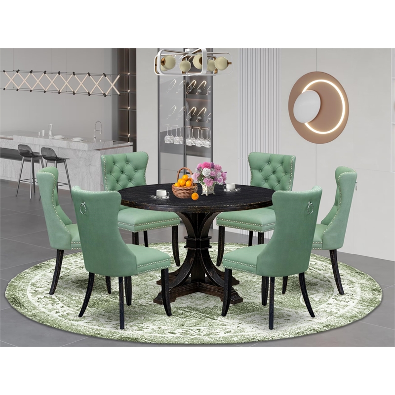 East West Furniture Irving 7 Piece Round Dining Table Set in Black Finish