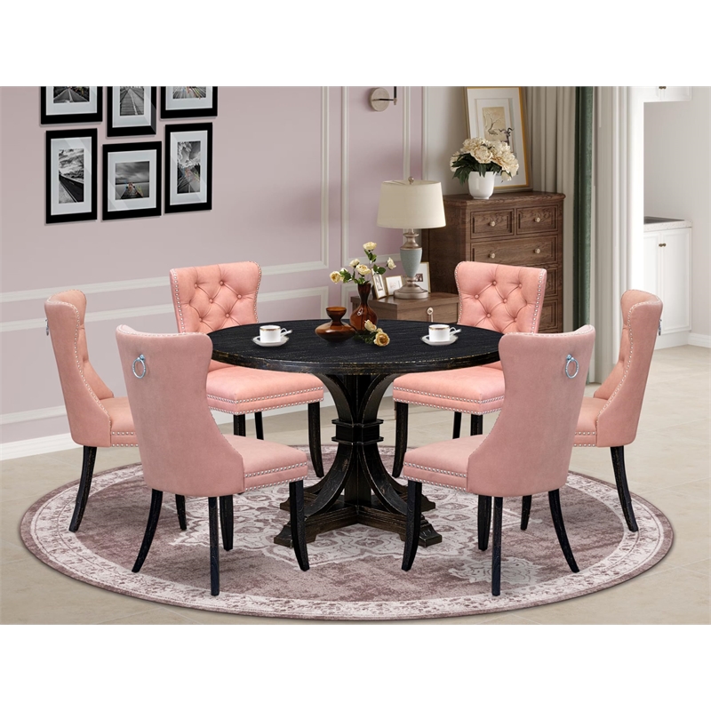 East West Furniture Irving 7 Piece Round Dining Set in Black Finish