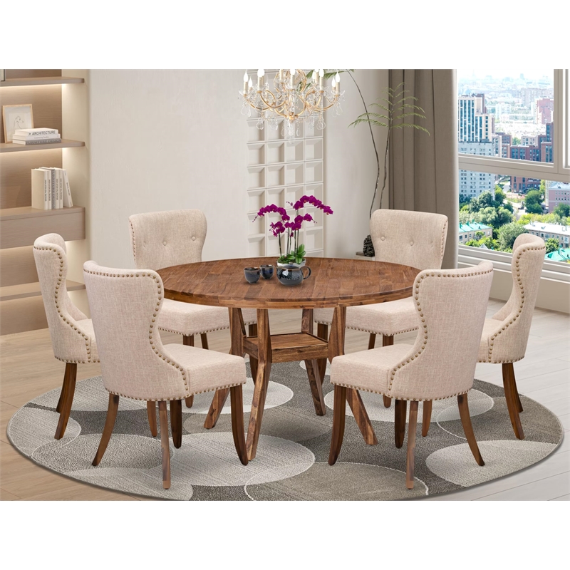 East West Furniture Irving 7 Piece Round Dining Table Set in Walnut Finish