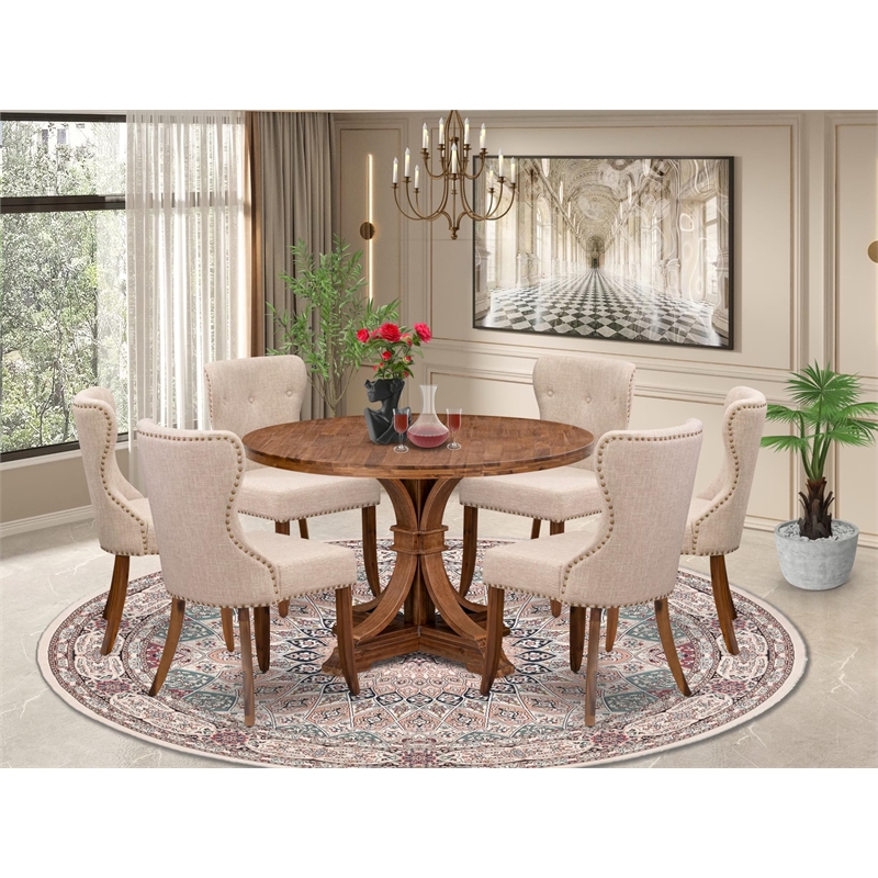 East West Furniture Irving 7 Piece Round Dining Room Set in Walnut Finish