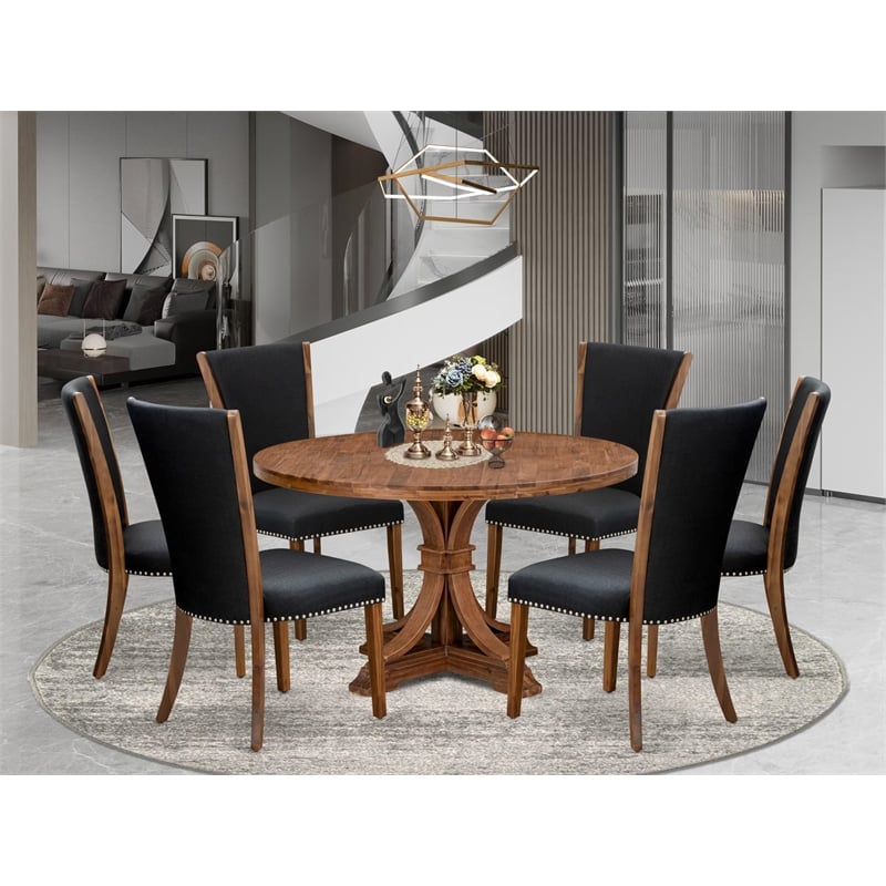 East West Furniture Irving 7 Piece Round Dining Room Set in Walnut Finish