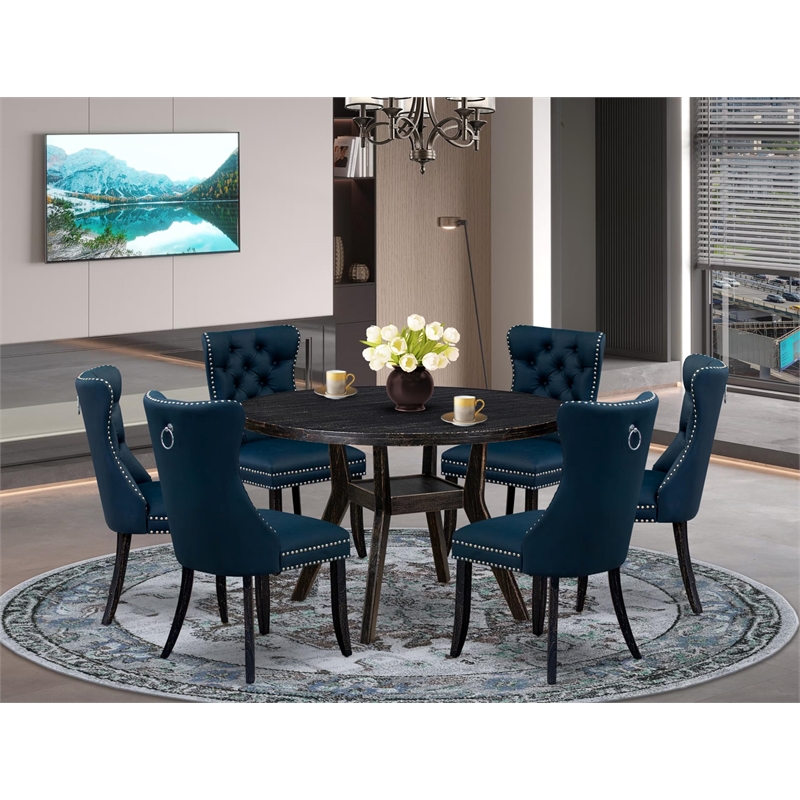 East West Furniture Irving 7 Piece Round Kitchen Set in Black Finish