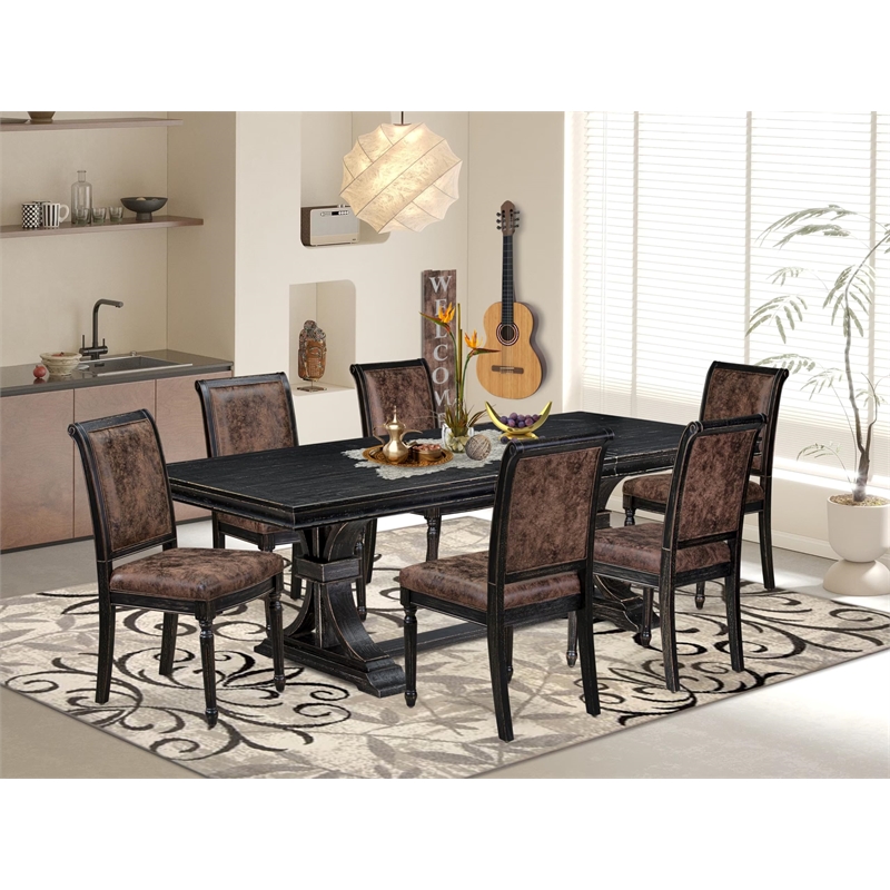 East West Furniture Laneville 7-Piece Mid-Century Dining Table Set in Black