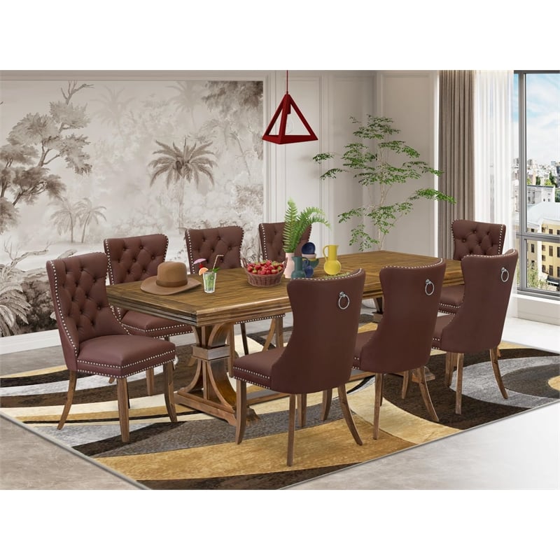 East West Furniture Northcliffe 9-Piece Mid-Century Dining Set in Walnut Finish
