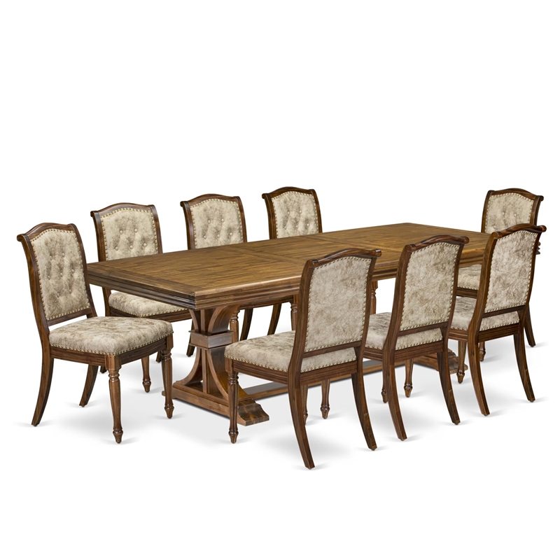 East West Furniture Northcliffe 9-Piece Extendable Dining Table Set in Walnut