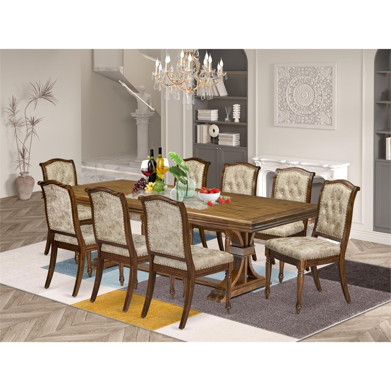East West Furniture Northcliffe 9-Piece Extendable Dining Table Set in Walnut
