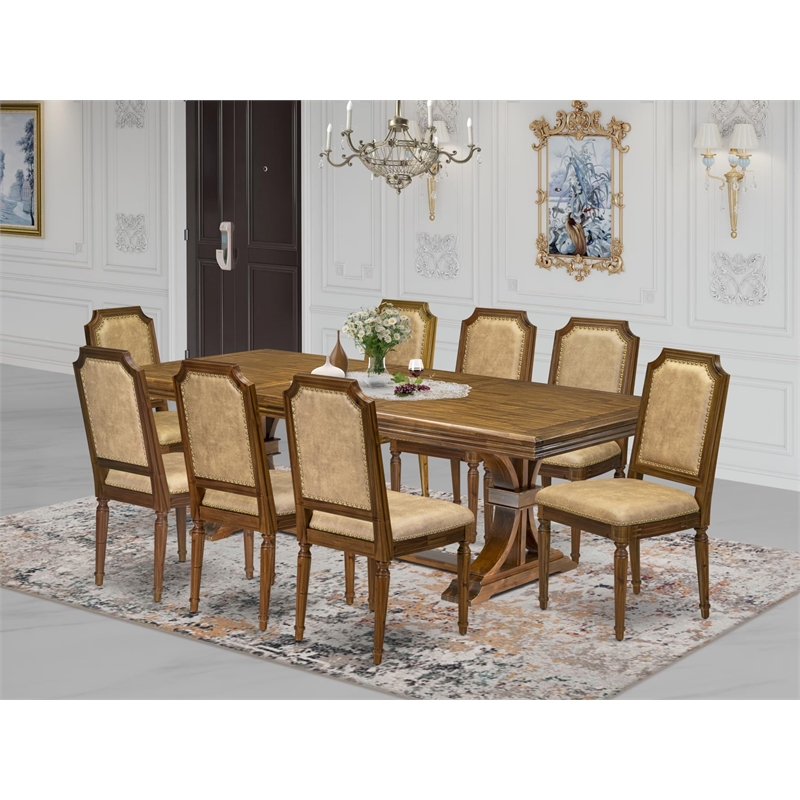 East West Furniture Northcliffe 9-Piece Dining Table Set in Walnut Finish