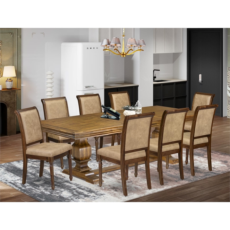 East West Furniture Northcliffe 9-Piece Mid Century Dining Table Set in Walnut