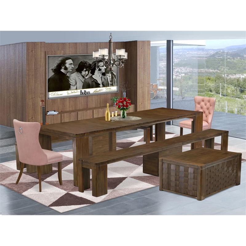 East West Furniture Xtenczar 6-Piece Extendable Dining Set in Walnut Finish