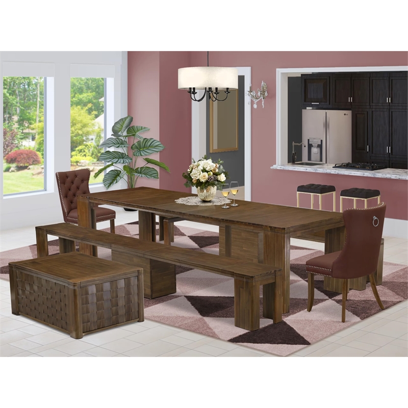 East West Furniture Xtenczar 6-Piece Extendable Dining Set in Walnut Finish