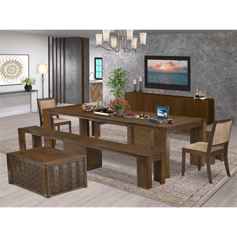 East West Furniture Xtenczar 6-Piece Extendable Dining Set in Walnut Finish