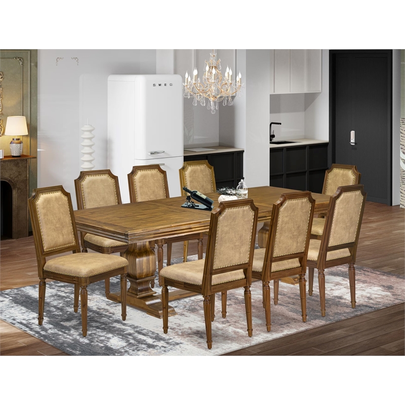 East West Furniture Northcliffe 9-Piece Dining Room Set in Walnut Finish