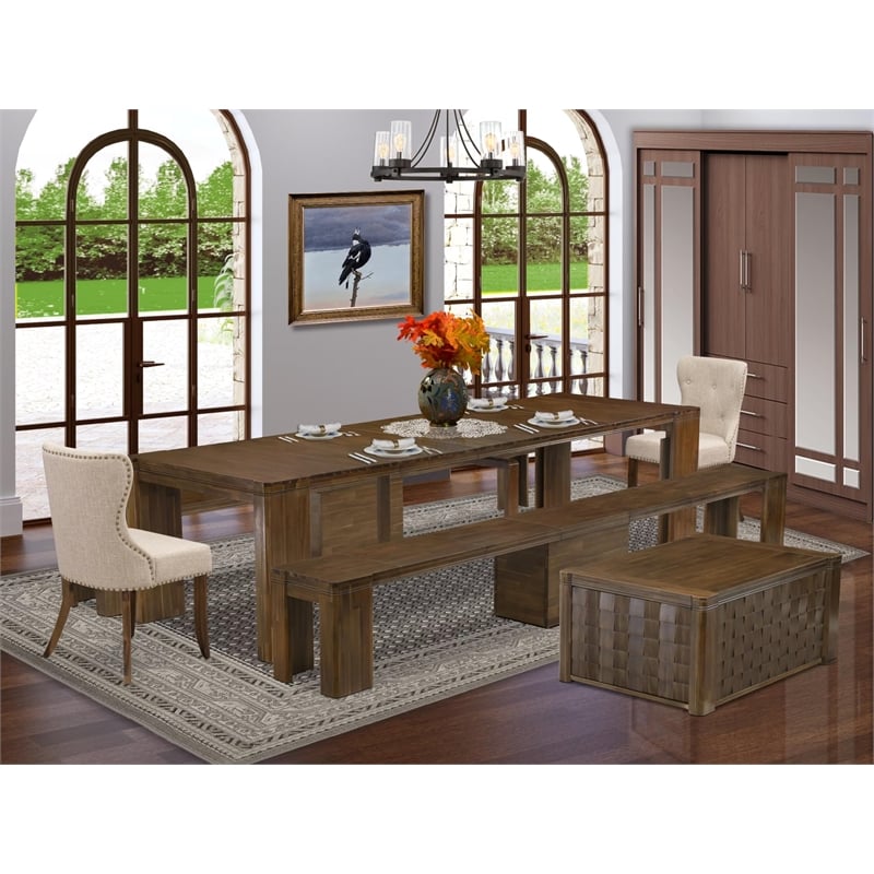 East West Furniture Xtenczar 6-Piece Extendable Dining Set in Walnut Finish