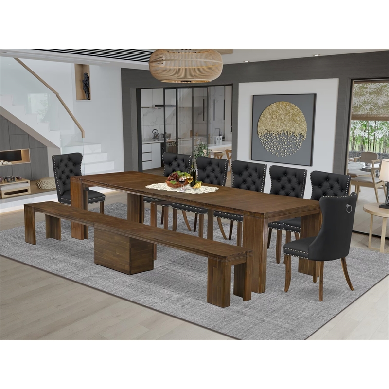 East West Furniture Xtenczar 9-Piece Extendable Dining Set in Walnut Finish
