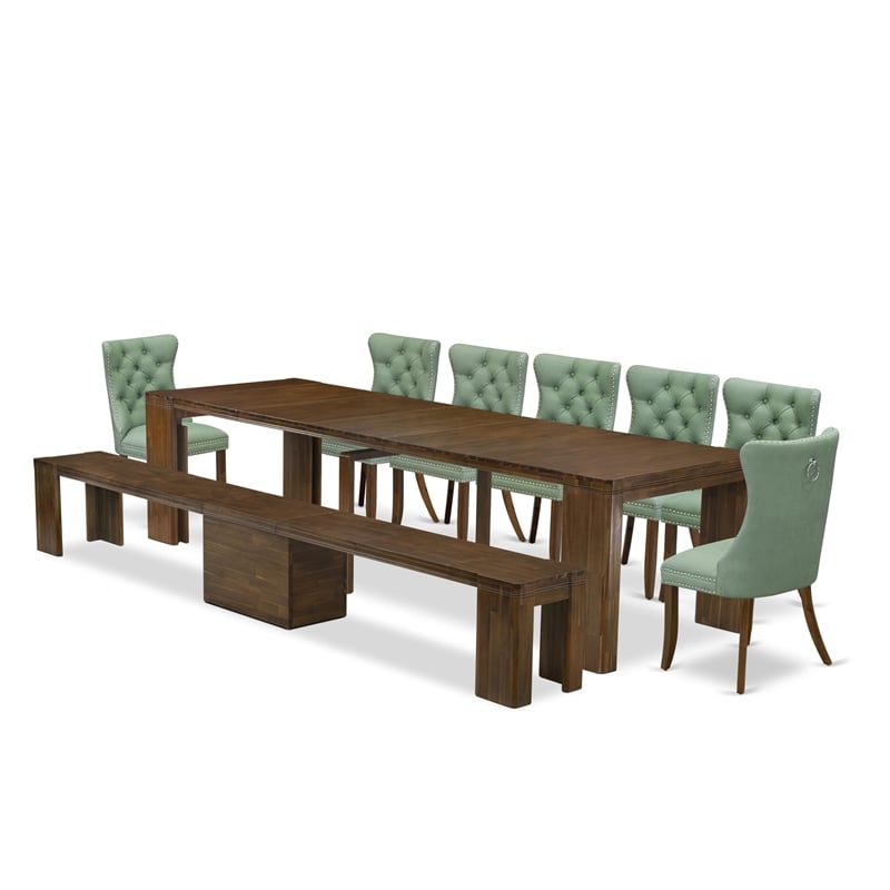 East West Furniture Xtenczar 9-Piece Extendable Dining Set in Walnut Finish