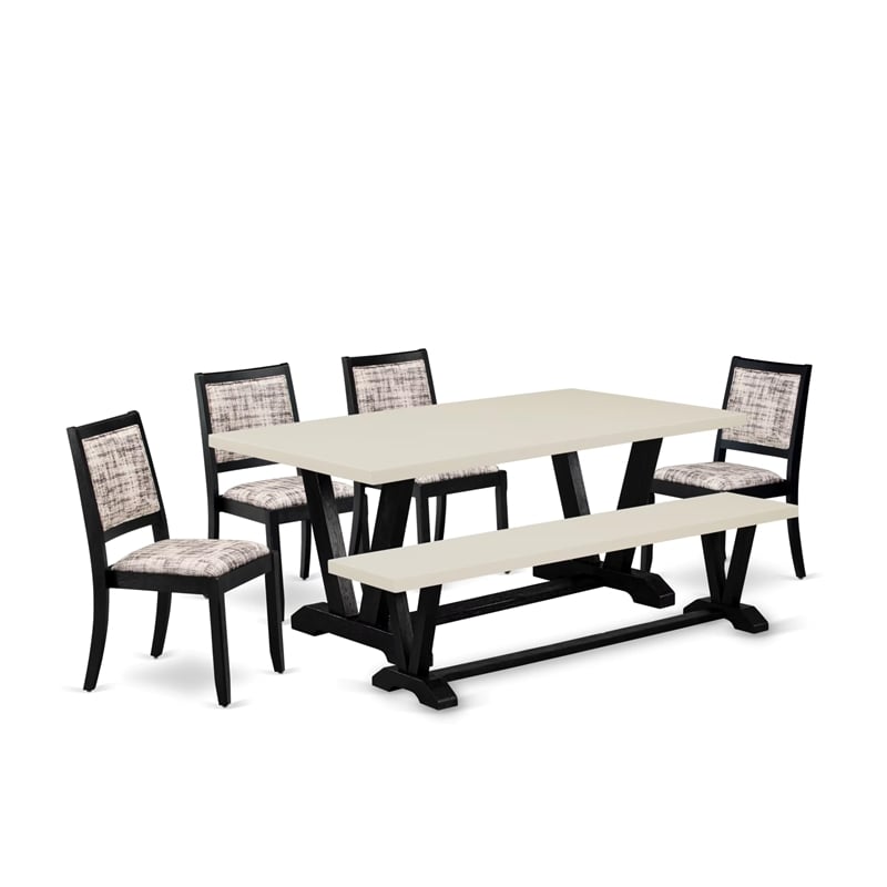 East West Furniture V-Style 6-Piece Kitchen Table Set in Linen White Finish