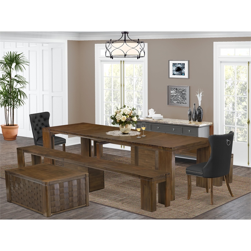 East West Furniture Xtenczar 6-Piece Extendable Dining Set in Walnut Finish