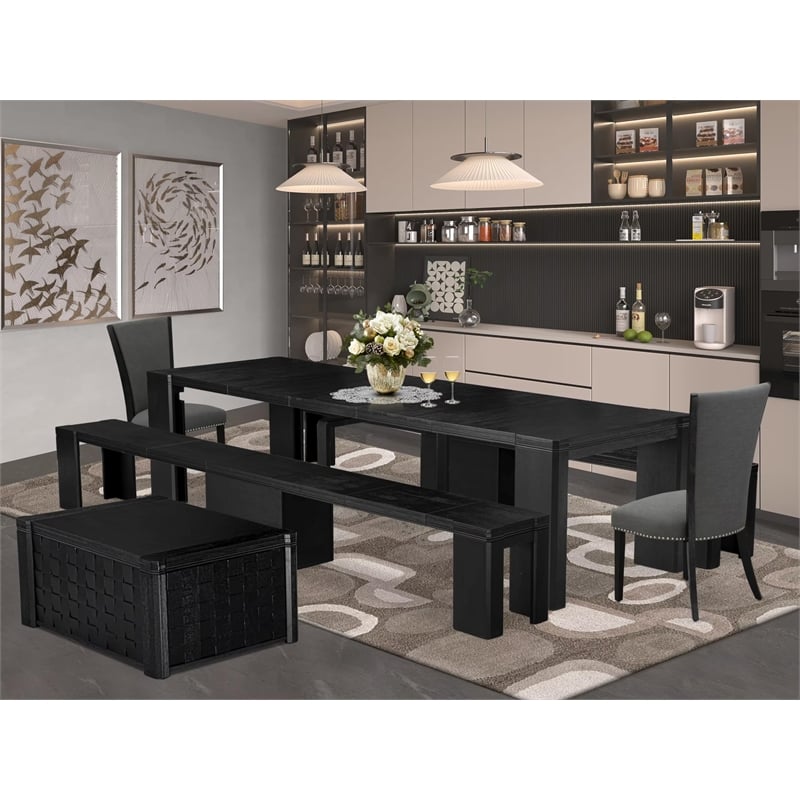 East West Furniture Xtenczar 6 -Piece Dining Room Table Set in Black Finish