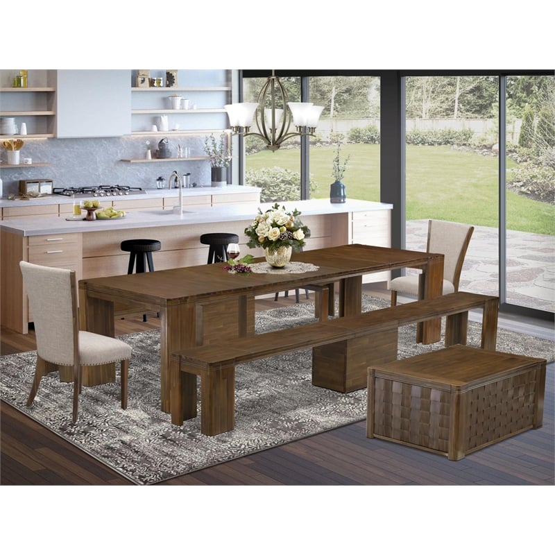 East West Furniture Xtenczar 6-Piece Extendable Dining Set in Walnut Finish