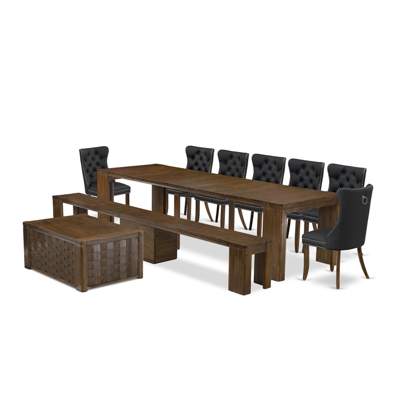 East West Furniture Xtenczar 10-Piece Extendable Dining Set in Walnut Finish