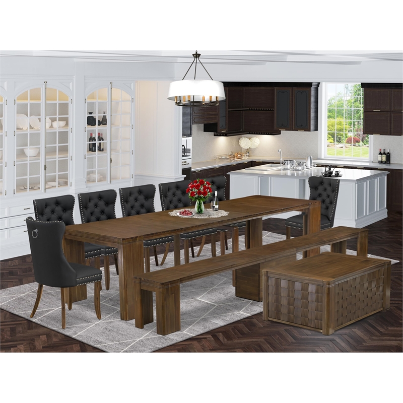 East West Furniture Xtenczar 10-Piece Extendable Dining Set in Walnut Finish