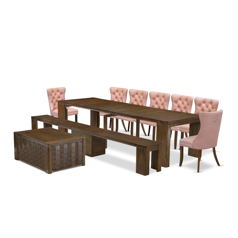 East West Furniture Xtenczar 10-Piece Extendable Dining Set in Walnut Finish