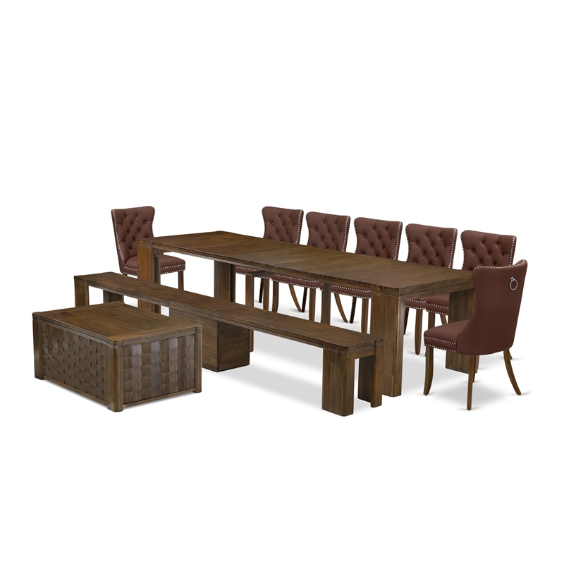 East West Furniture Xtenczar 10-Piece Extendable Dining Set in Walnut Finish