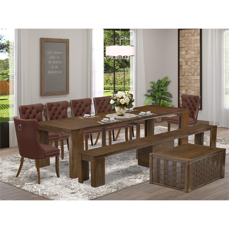 East West Furniture Xtenczar 10-Piece Extendable Dining Set in Walnut Finish