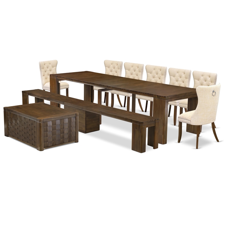 East West Furniture Xtenczar 10-Piece Extendable Dining Set in Walnut Finish