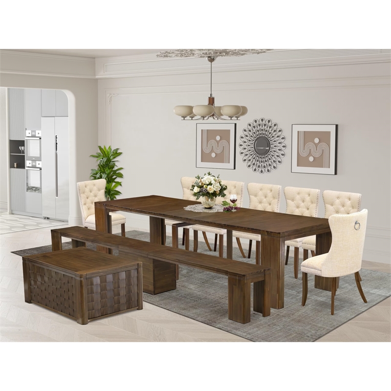 East West Furniture Xtenczar 10-Piece Extendable Dining Set in Walnut Finish