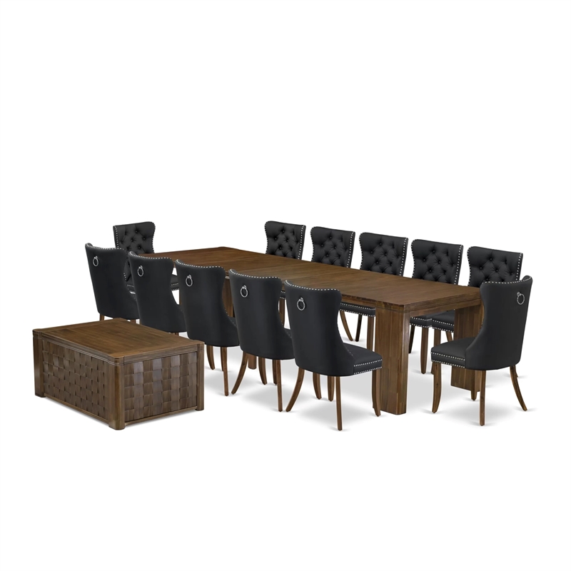 East West Furniture Xtenczar 14-Piece Extendable Dining Set in Walnut Finish